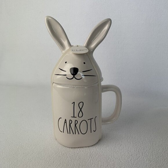 Rae Dunn by Magenta Easter Bunny Rabbit 18”CARROTS" White Mug With Topper - Picture 1 of 8